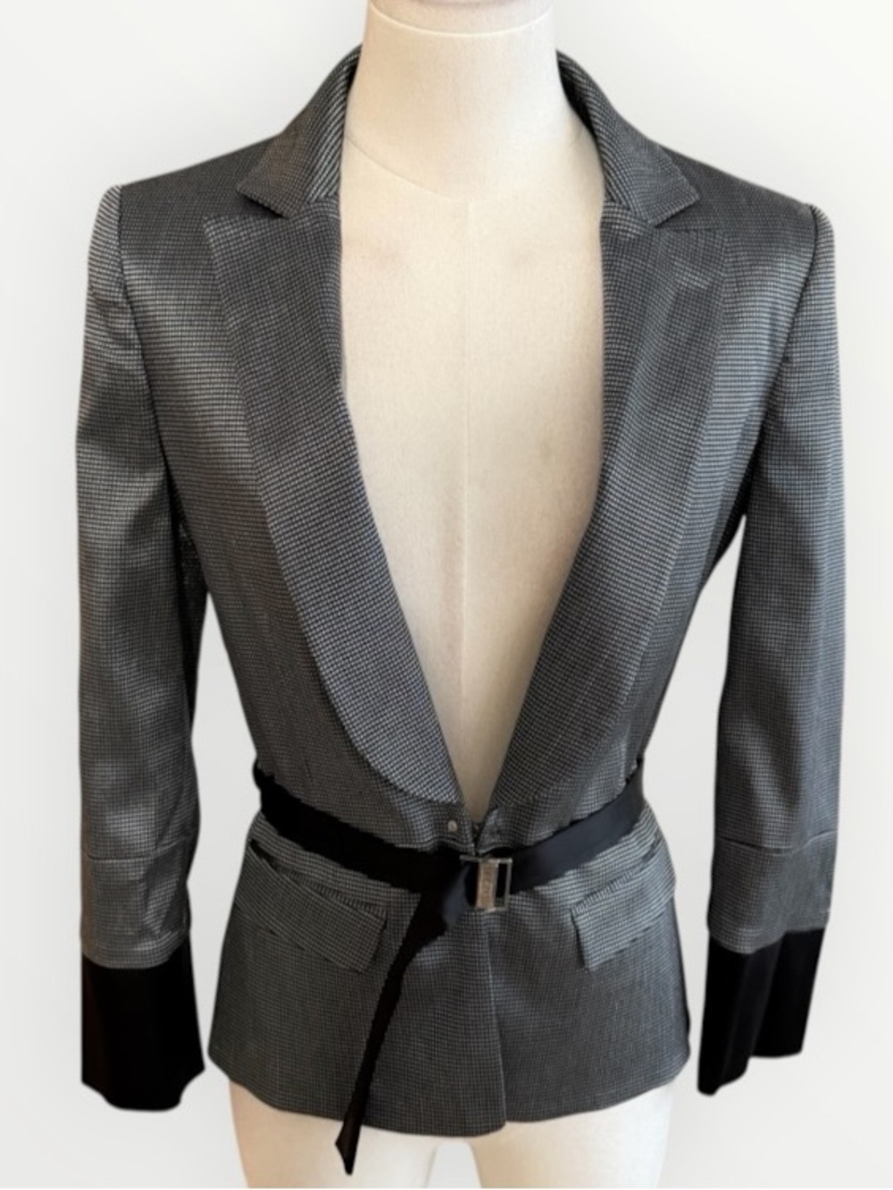 JUST CAVALLI Black Gray Tailored Houndstooth Blazer Jacket Belt Suit 40 4 Luxury